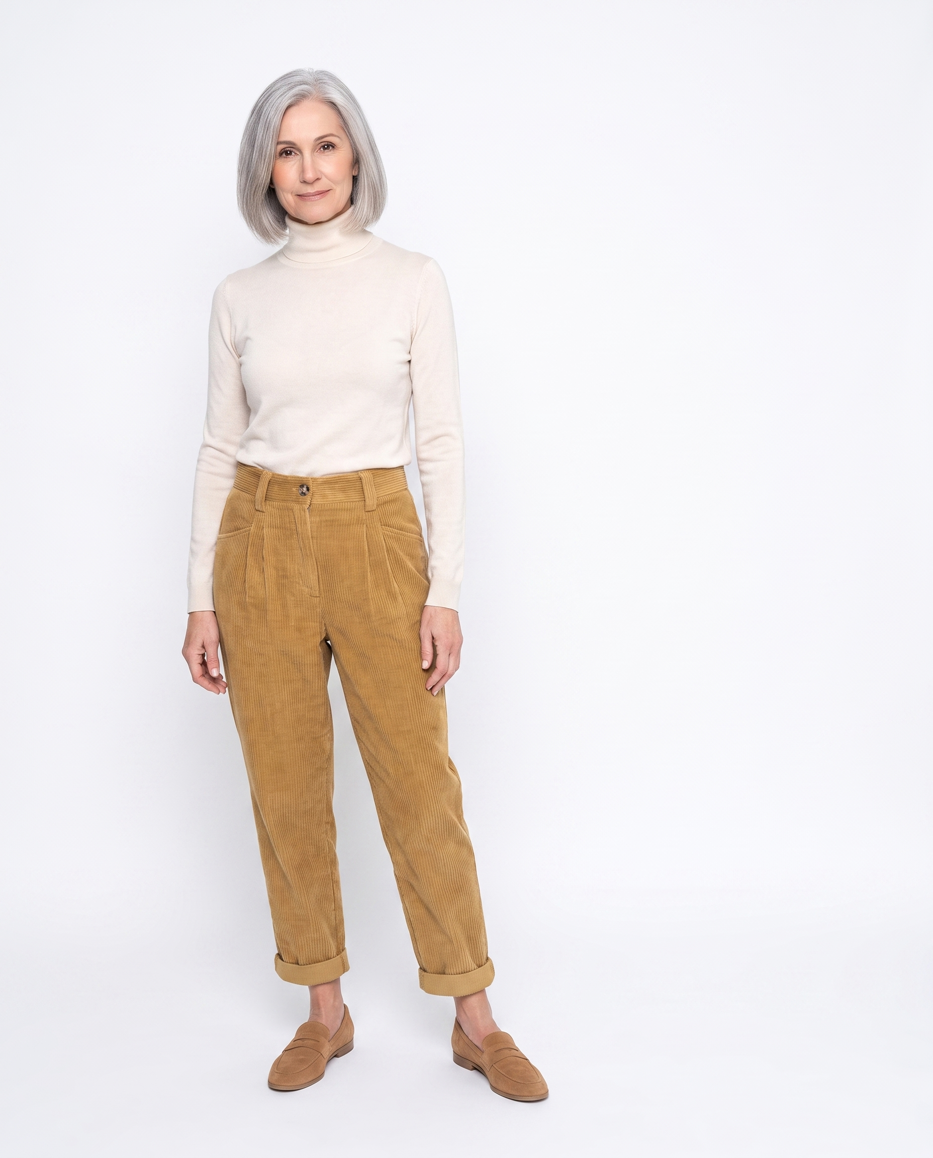 Ribfluwelen Broek met Hoge Taille en Omslag
