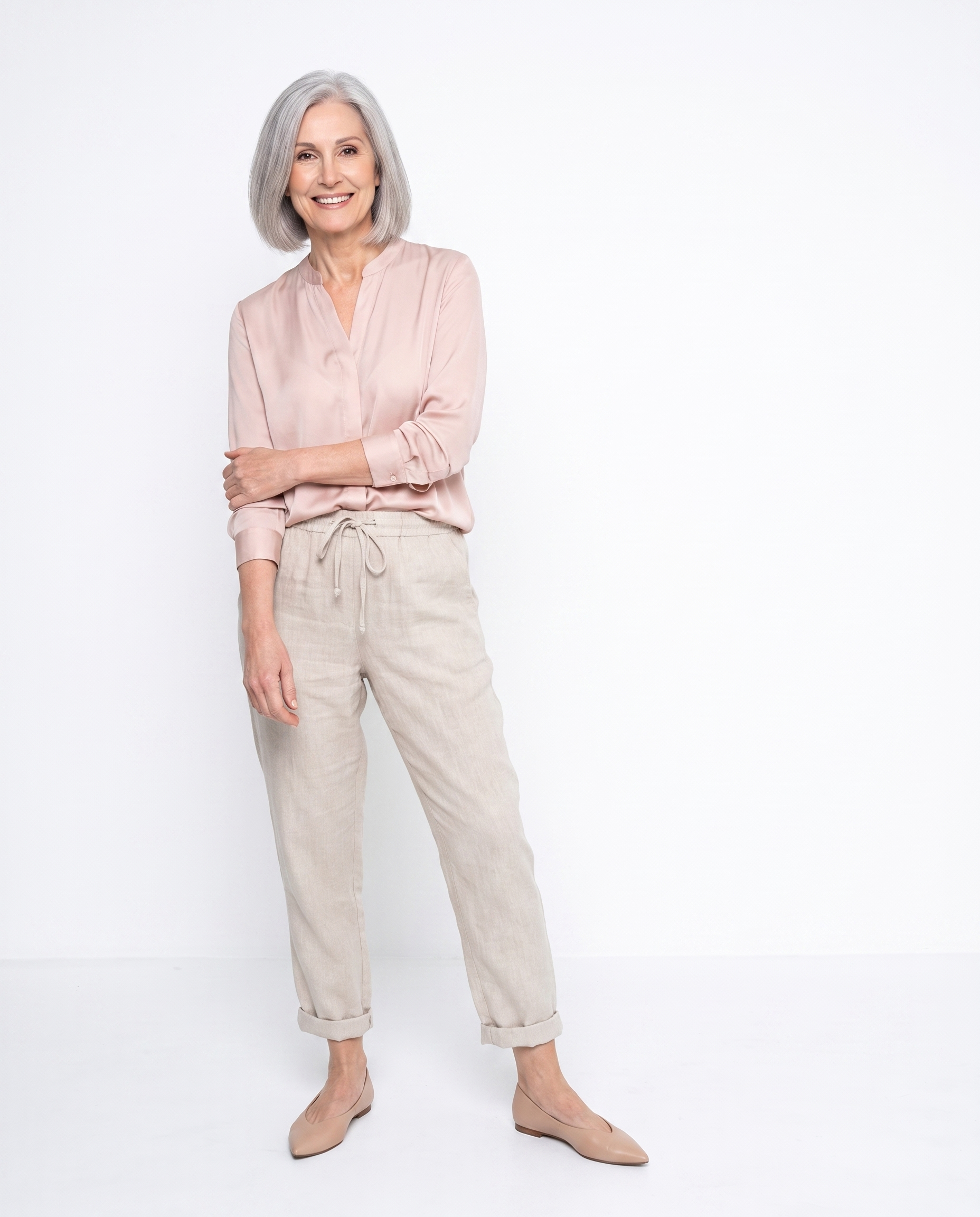 Linnen Broek met Elastische Taille en Omslag