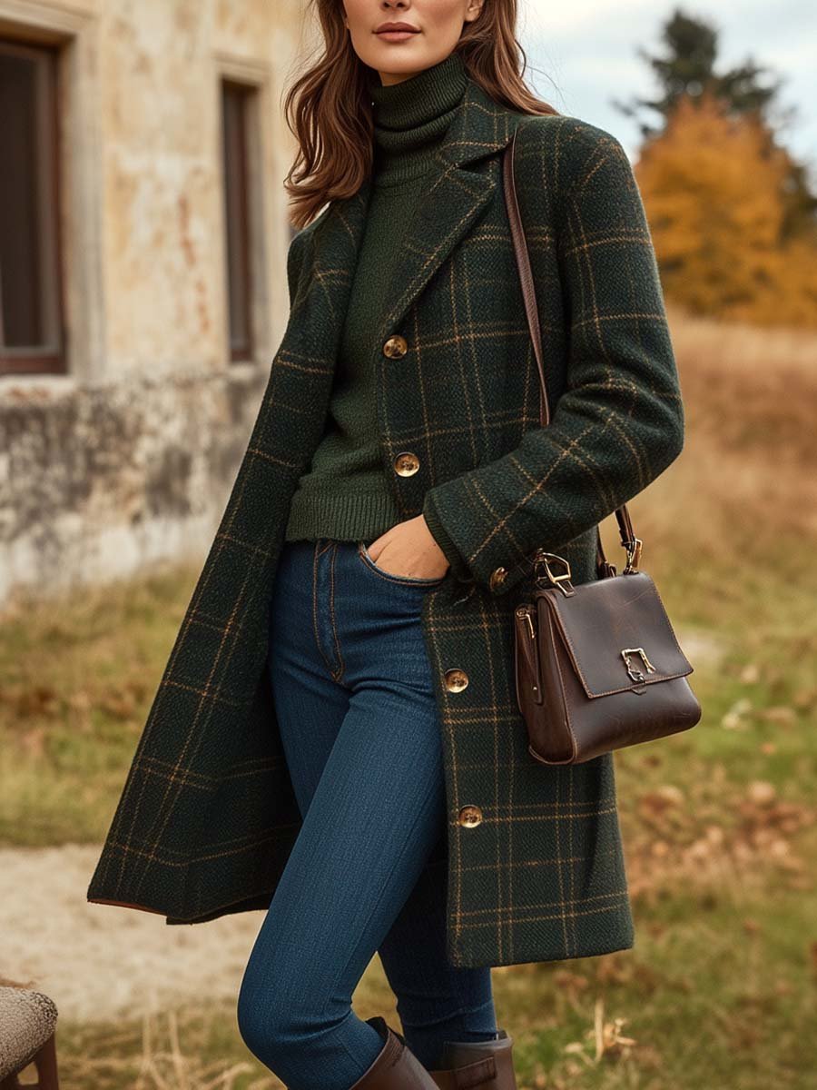 Claire - Elegante Geruite Wollen Mantel